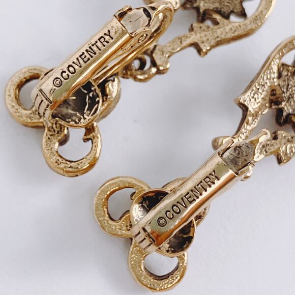 VTG Signed Coventry 1950s Earrings Faux Opal Green Rhinestone Gold Tone Clip On - Picture 7 of 9